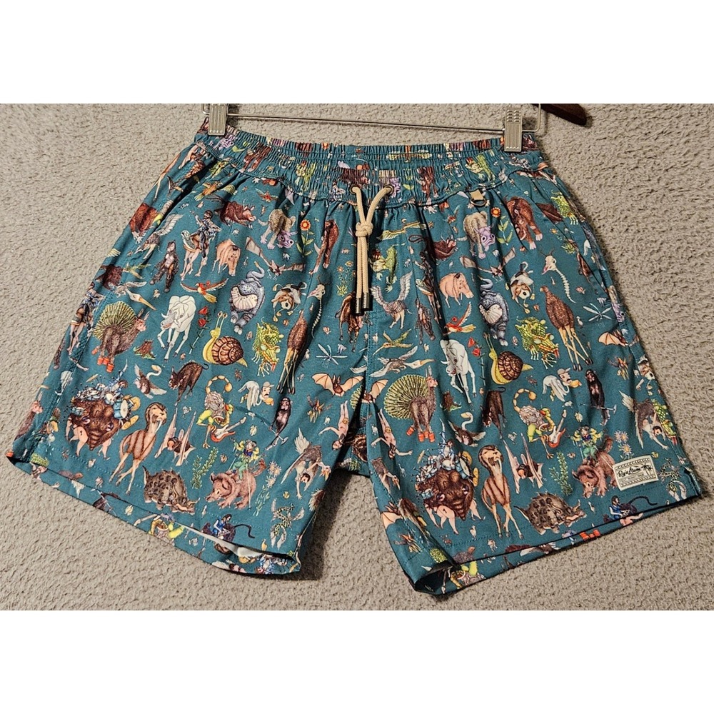 Baja Llama Mens Swim Trunks Medium Teal Surrealist Animal Print Board Shorts New